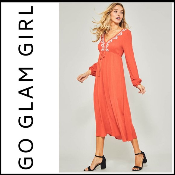 NWT RUST ORANGE LONG SLEEVE BOHO MAXI DRESS - Picture 5 of 5